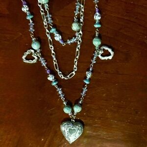 Custom Triple Strand Heart Charms and Silver Heart shaped Locket Necklace.  NWT